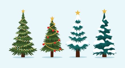 Festive Christmas Trees Displaying Holiday Decorations and Snow.