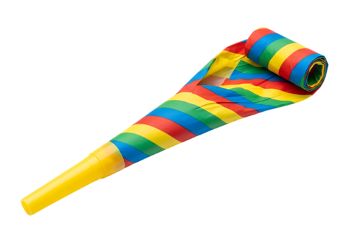 Vibrant rainbow striped party blower unfurled and rolled up isolated on transparent background