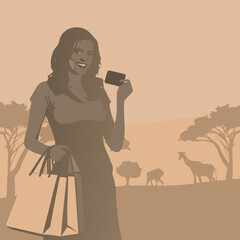 woman holding shopping bags and credit card, smiling, full body portrait, flat vector illustration, simple minimal style, pastel colors, cartoon character design
