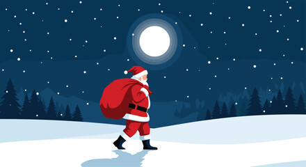 Santa Claus in a red suit walking and carrying a large sack of gifts.