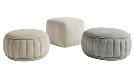 Three neutral colored velvet ottomans with textured details on transparent background