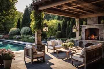 Fototapeta premium Wooden pergola covering patio furniture next to a swimming pool, fireplace and lush garden during a sunny summer day