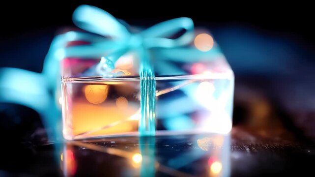 Shiny crystal-like gift box tied with a glowing ribbon, reflecting colorful lights, symbolizing celebration, luxury, and Christmas magic