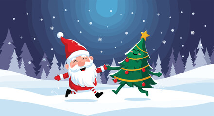 Santa Claus and Christmas Tree Dancing in Snow.