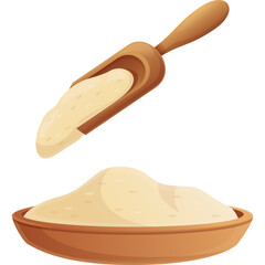 Cartoon style illustration of a wooden scoop filled with light yellow powder over a matching bowl of powder on a transparent background