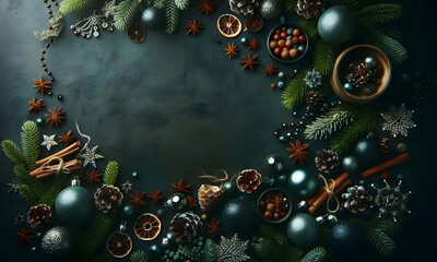 Perspektive von oben auf festliche Weihnachtsdekoration vor Hintergrund , flatlay, Freifl&auml;che,