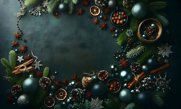Perspektive von oben auf festliche Weihnachtsdekoration vor Hintergrund , flatlay, Freifl&auml;che,