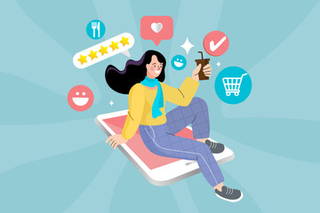 A happy woman uses her smartphone for various online activities. She floats, enjoying shopping, food delivery, and social interaction, represented by cart, food, like, and 5 star rating icons.