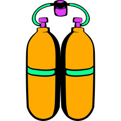 Cartoon Style Illustration of Twin Orange Scuba Diving Air Tanks Connected by Green Hoses with Purple and Black Regulator on a Transparent Background