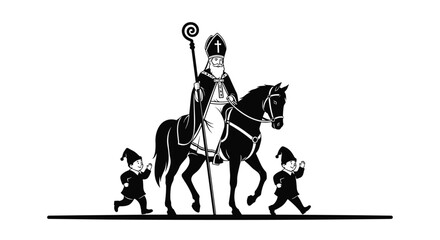 Saint Nicholas on horseback with two helpers.