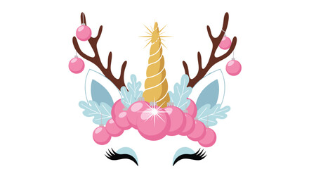 Festive unicorn head with antlers and Christmas ornaments.