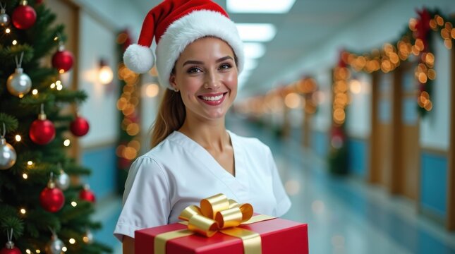 Una enfermera sonriente con un gorro de Pap&aacute; Noel sostiene una caja de regalo en un pasillo de hospital decorado con luces navide&ntilde;as centelleantes