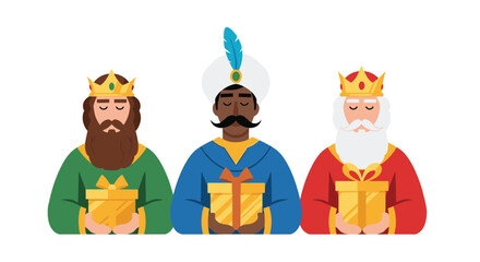 Three Wise Men Kings holding golden gifts cartoon illustration.