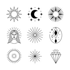 A 3x3 grid of nine celestial, spiritual, and geometric line art icons in black and white, featuring suns, moon, stars, a goddess, and diamonds.