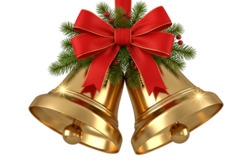 Festive golden christmas bells adorned with a vibrant red bow and evergreen sprigs isolated on transparent background