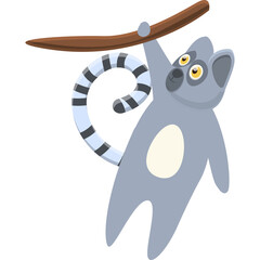 Naklejka premium Cartoon Style Lemur Hanging From A Tree Branch With A Striped Tail And Big Yellow Eyes In A Simple Flat Design