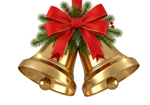 Festive golden christmas bells adorned with a vibrant red bow and evergreen sprigs isolated on transparent background