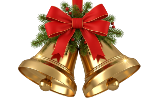 Festive golden christmas bells adorned with a vibrant red bow and evergreen sprigs isolated on transparent background
