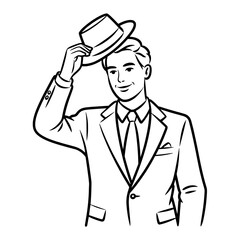 Obraz premium Retro Outlined Illustration of a Smiling Man Tipping his Fedora Hat in a Suit, Black and White Line Art
