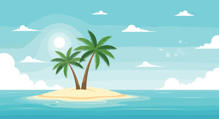 Two Palm Trees on a Small Sandy Island in the Ocean.