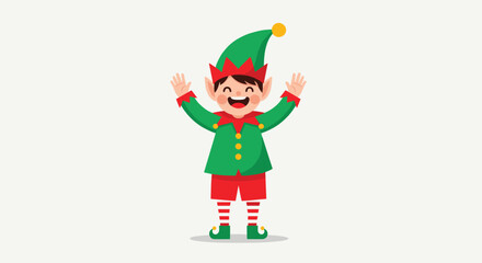 Cheerful cartoon Christmas elf character in festive attire.