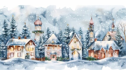 Illustration of a winter village with a snowy landscape. Ideal for holiday greeting cards.