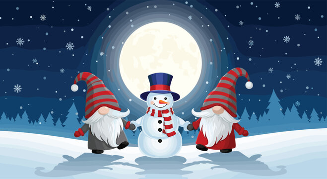 Festive snowman and gnomes celebrating winter holidays together in snow. - Powered by Adobe