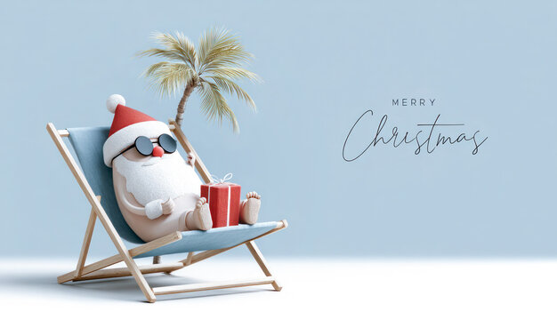 Cartoon Santa relaxing on a beach chair with a tropical Christmas tree, summer xmas vibe, space for advertising, Christmas Seasons Greetings