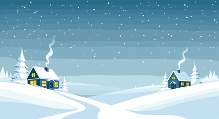 Winter wonderland scene with snow covered houses and trees.