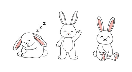 Three Cute Cartoon Bunnies Depicting Different Moods and Actions.