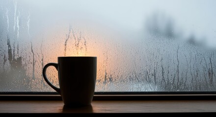 Steaming coffee mug on rainy window sill at dawn