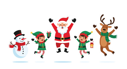 Festive Christmas Characters - Santa, Reindeer, Elves, and Snowman Celebrating Together.