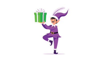 Cheerful Christmas elf in a purple costume holding a gift box.