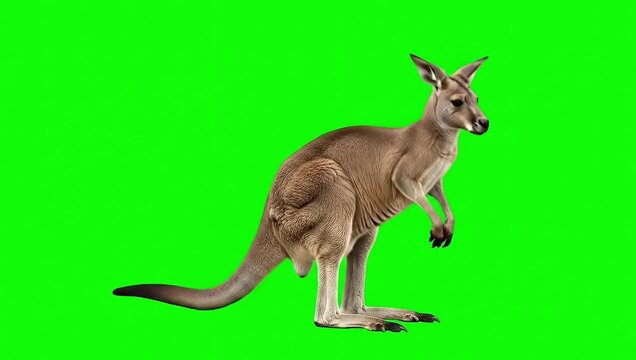 Large Male Kangaroo Walking Slowly on Bright Green Screen Background, Detailed Marsupial Footage