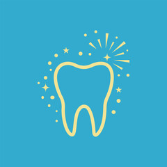 Yellow tooth icon with sparkles on blue background.