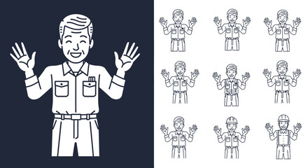 Line art illustration of a smiling man raising his hands in a gesture