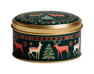 PNG Festive tin with reindeer design.