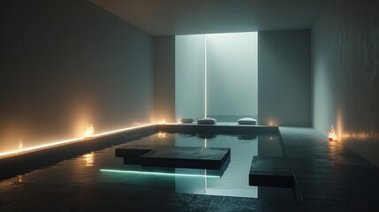 Serene modern spa retreat featuring tranquil water pool and ambient fire lighting for ultimate relaxation and wellness experiences.