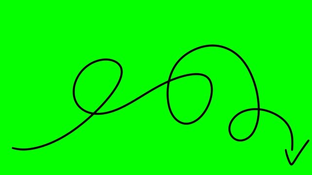 Animated Black Loopy Arrow Drawing on Green Screen, Chroma Key Abstract Doodle Direction Path, Comical Winding Route Element