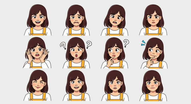 Diverse emotional expressions of a young woman character in cartoon style