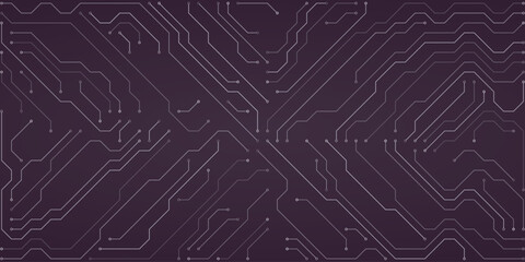 Dark purple digital circuit board pattern with silver interconnected lines and nodes on a deep purple background symbolizing technology and data transmission