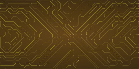 Golden yellow digital circuit board pattern with intricate lines and nodes on a brown background, representing technology, innovation, and data processing
