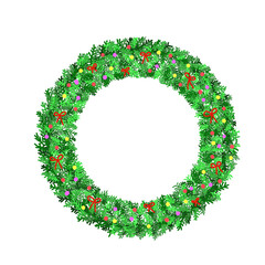 Colorful Christmas wreath decorated with green leaves, red bows, and festive ornaments on a white background