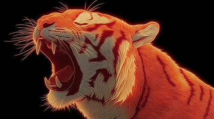暗い背景で口を開け、牙をむき出しにして吠えるトラの頭部のクローズアップ | Close-up of a roaring tiger's head with its mouth open and fangs exposed against a dark background