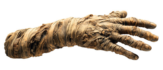vertical realistic mummy hand shape gadget reaching a right side, isolated over white (transparent) background