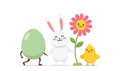 Easter Celebration with Egg, Bunny, Chick, and Flower Cartoon.