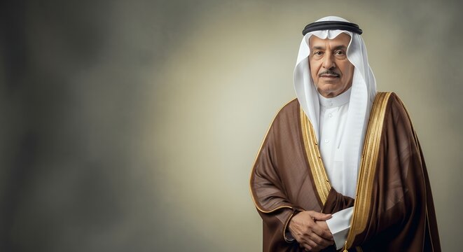 Elderly Man Wearing Traditional Robe and Headscarf Portrait.