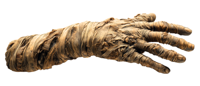 vertical realistic mummy hand shape gadget reaching a right side, isolated over white (transparent) background