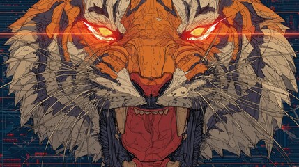 テクノロジー的な背景の前で、目を光らせて口を開き威嚇するトラの顔のクローズアップ | Close-up of a roaring tiger face with glowing eyes and open mouth, set against a technological circuit background
