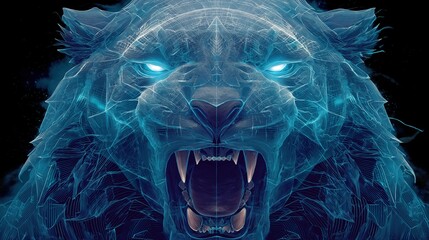 青い光の線で表現された咆哮する巨大なネコ科の動物の顔のクローズアップ | Close-up of a roaring massive feline head depicted by blue light lines in digital wireframe style